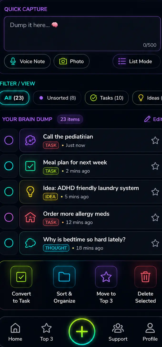 Brain Dump screen with a quick capture box, filters for unsorted items, tasks and ideas, and a list of captured thoughts.