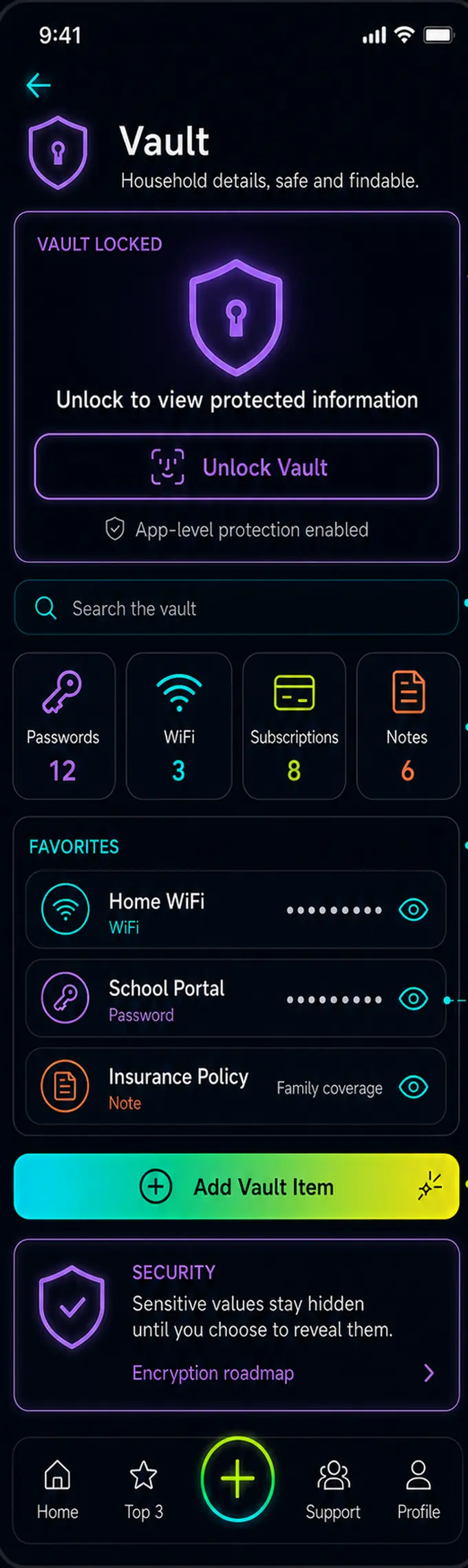 Vault screen: a locked state requiring unlock, a search field, category tiles for passwords, WiFi, subscriptions and notes, and favourite items with masked values.